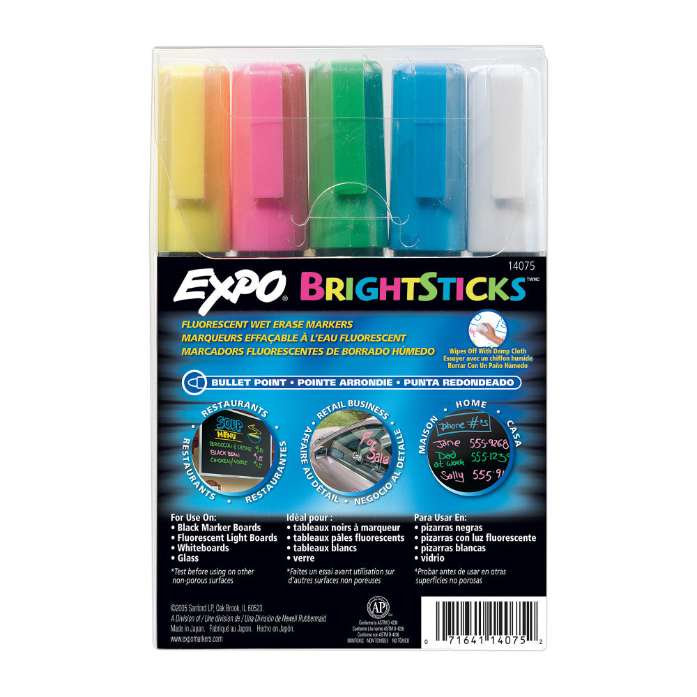 Create bright messages and displays in your classroom with 5 assorted colors  Provides clear, bright images on nonporous surfaces.  Ideal for use on black marker boards, glass, fluorescent light boards and whiteboards.  Ink easily wipes off nonporous surfaces with a damp cloth.  Made with fewer harsh chemicals.  AP-certified nontoxic.  Set of 5 markers includes 1 each of blue, green, yellow, pink and white.  ACMI Certified AP Nontoxic. For detailed information see www.acmiart.org.  Less harsh chemicals - made with fewer harsh chemicals, or safer chemicals than typical alternatives, helping  reduce your use of and exposure to substances that may be more harmful to your health and the environment.