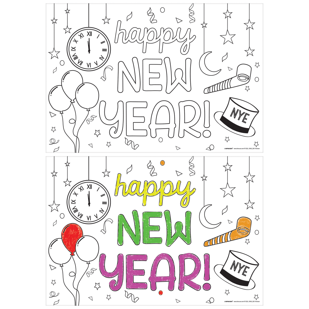 AMSCAN 671229  New Years Coloring Placemats, 11in x 16in, White, 24 Placemats Per Pack, Set Of 3 Packs