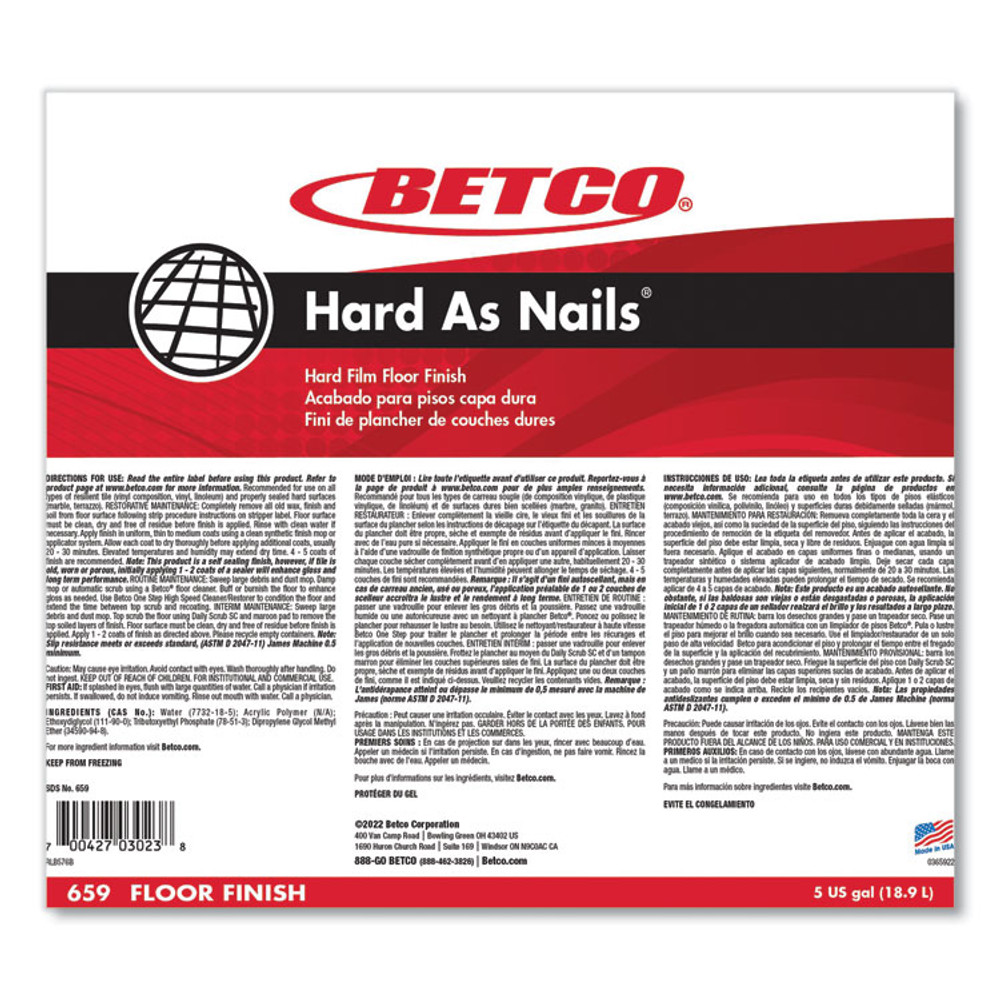 BETCO CORPORATION 659B500 Hard as Nails Floor Finish, 5 gal Bag-in-Box