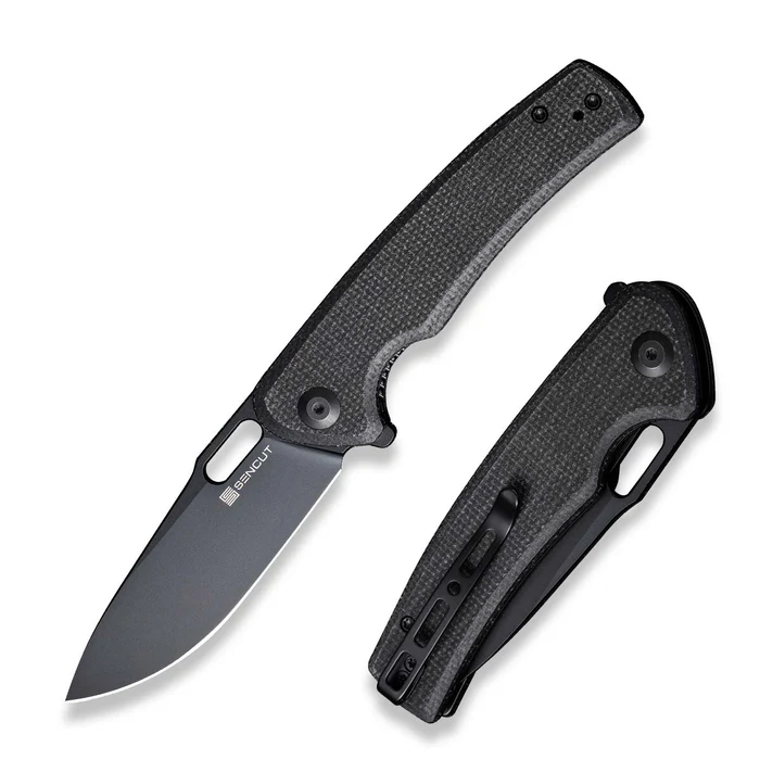 SENCUT S20065-3 Vesperon Flipper/Thumb Hole Folding Knife 3.35"" Black 9Cr18MoV Drop Point Plain Edge Blade, Black Canvas Micarta Handle