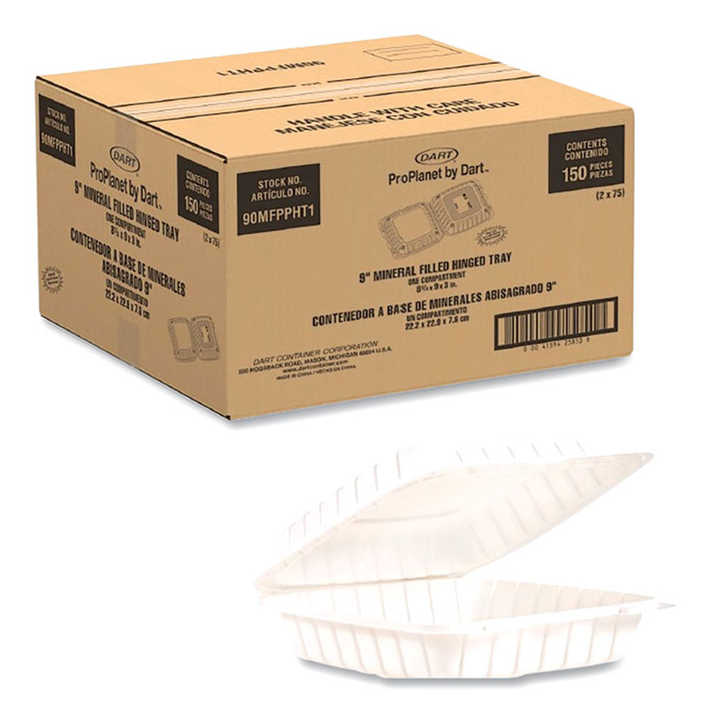 DART 90MFPPHT1R Hinged Lid Containers, Single Compartment, 9 x 8.8 x 3, White, Plastic, 150/Carton