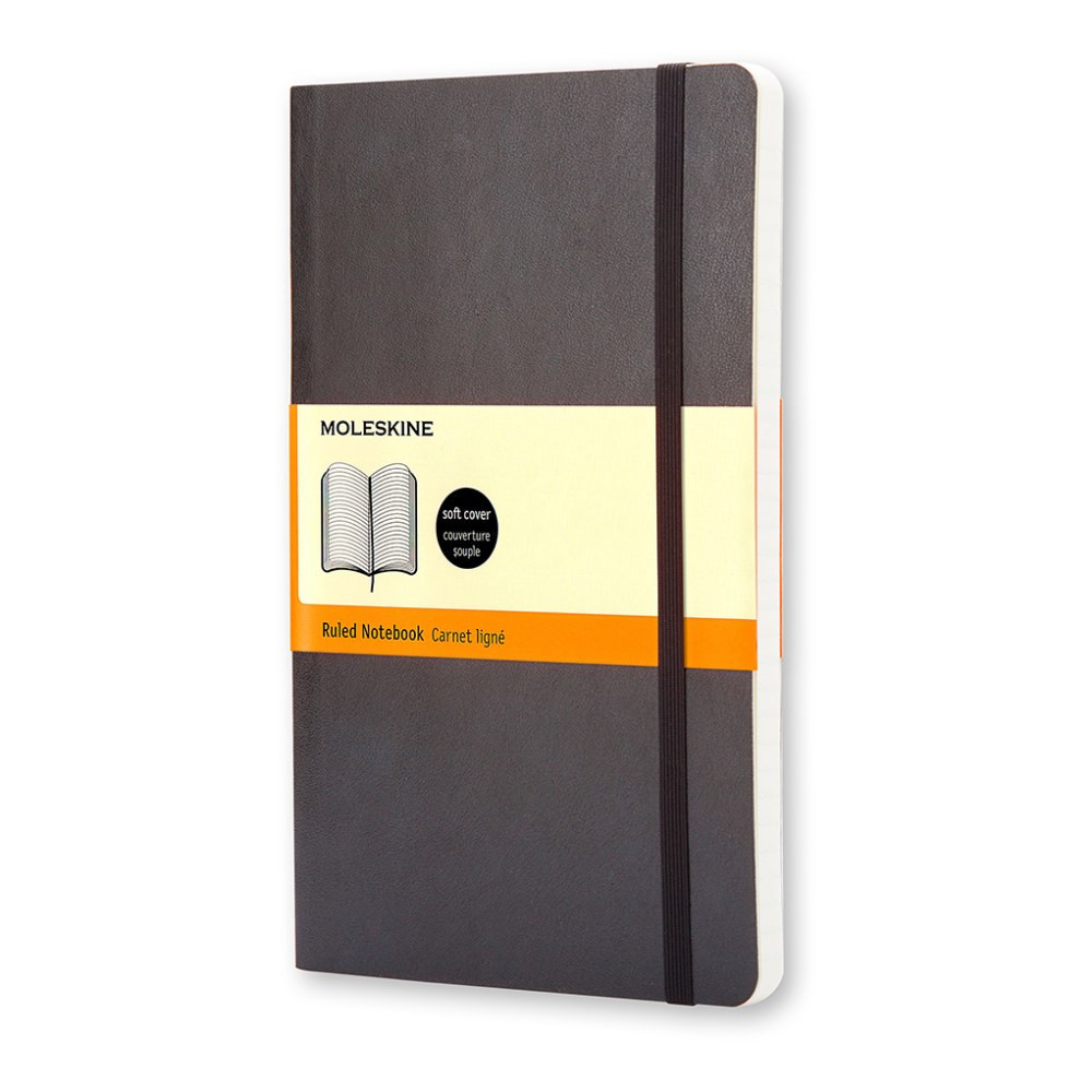 This Moleskine Classic notebook features a soft and flexible cover that adapts to the movements of your body and fits comfortably in any pocket. Ideal for jotting down thoughts, notes, goals and more, this notebook is great for on-the-go use.  Soft and flexible cover with rounded corners is sturdy and adapts to the movements of the body while fitting comfortably in any pocket.  Faint ruled pages are made from ivory-colored, 70 gsm acid-free paper.  Includes a ribbon bookmark to keep your place.  Elastic closure for security.  Expandable inner pocket stores loose papers.