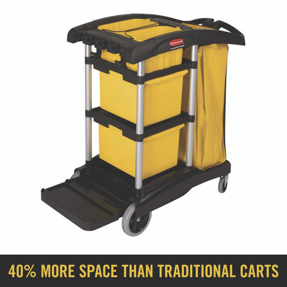 RUBBERMAID COMMERCIAL PROD. HYGEN™ 9T73 HYGEN Microfiber Healthcare Cleaning Cart, Plastic, 3 Shelves, 5 Bins, 22" x 48.25" x 44", Yellow/Black/Silver