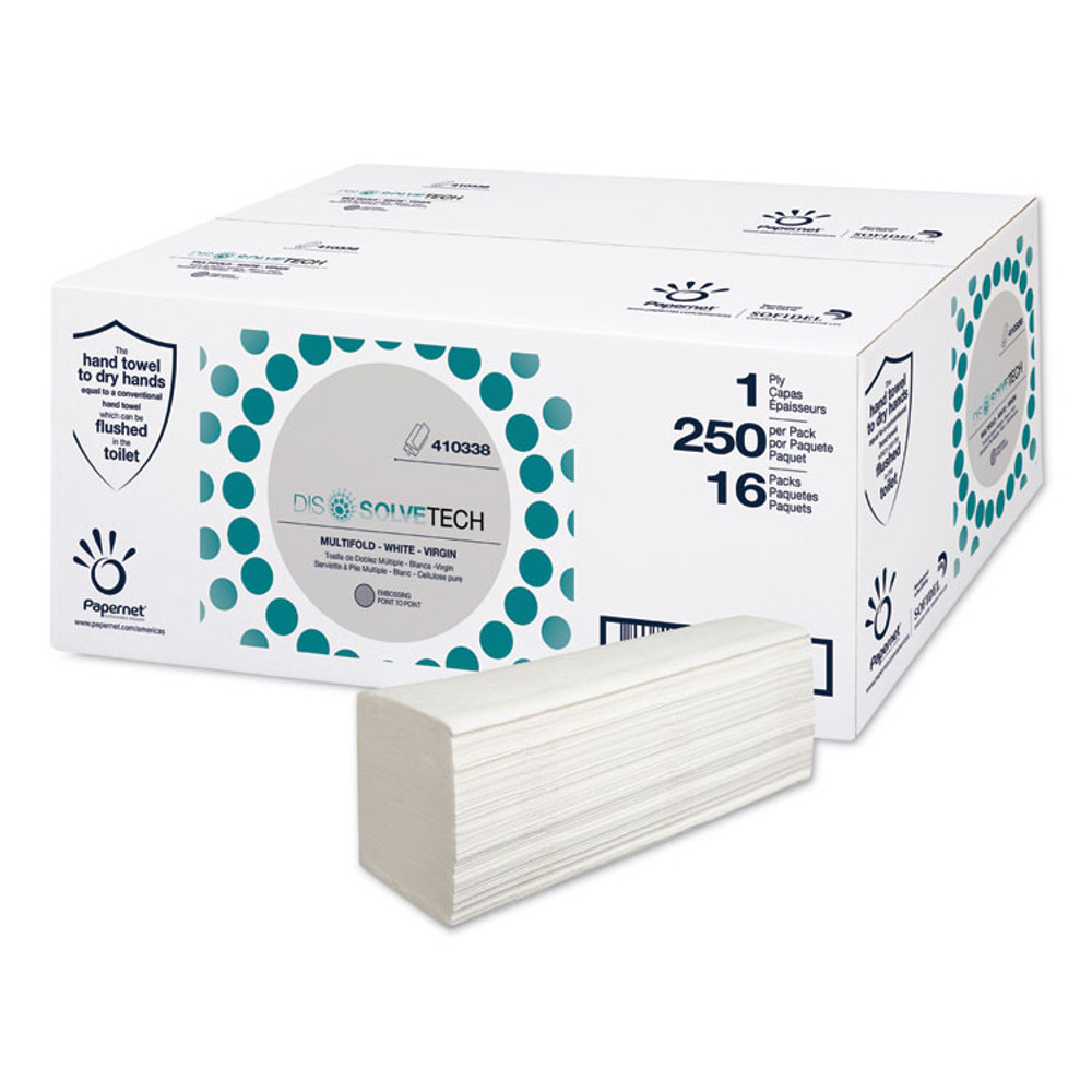 SOFIDEL AMERICA Papernet® 410338 DissolveTech Paper Towel, 1-Ply, 9.49 x 8.11, White, 250/Pack, 16 Packs/Carton