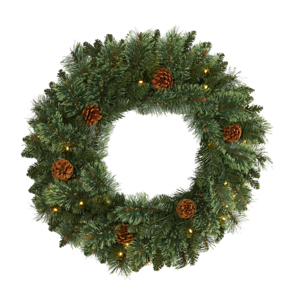 NEARLY NATURAL INC. W1112 Nearly Natural White Mountain 24inH Pine Artificial Christmas Wreath With 35 LED Lights And Pine Cones, 24in x 4in, Green