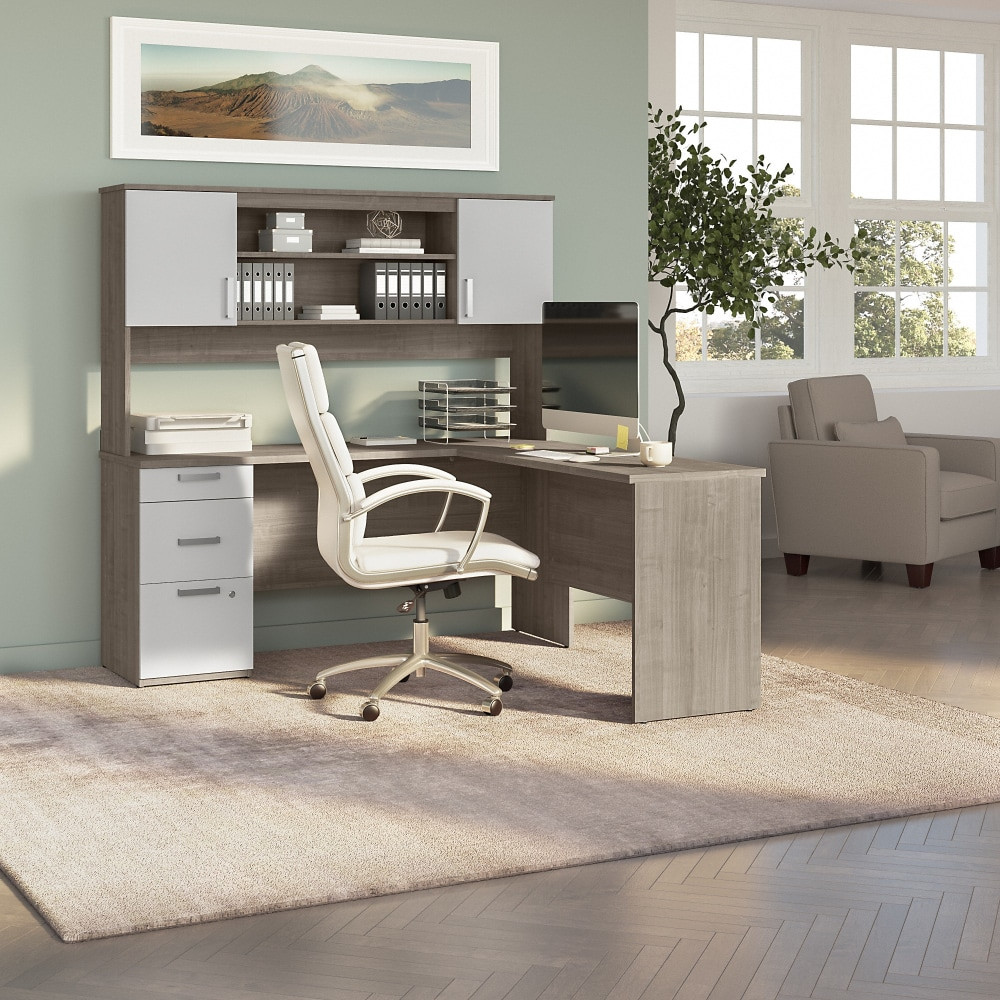 BESTAR INC. Bestar 152853-000144  Ridgeley 65inW L-Shaped Corner Desk With Hutch, Silver Maple/Pure White
