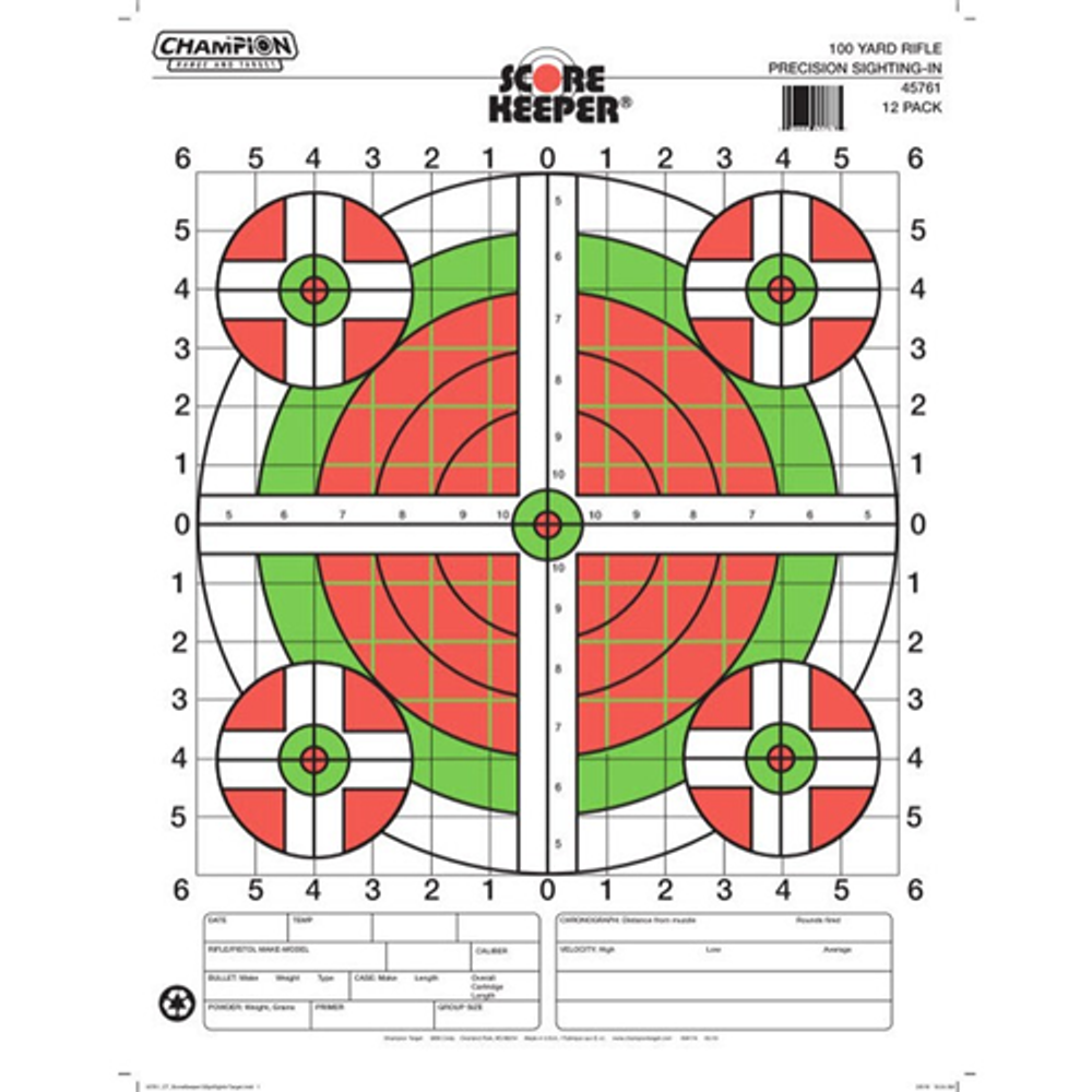Champion Targets 45761 Champion Targets 45761 Score Keeper Fluorescent Orange & Green Bullseye Target, 100 Yard Rifle Sight-In, 12 Pack