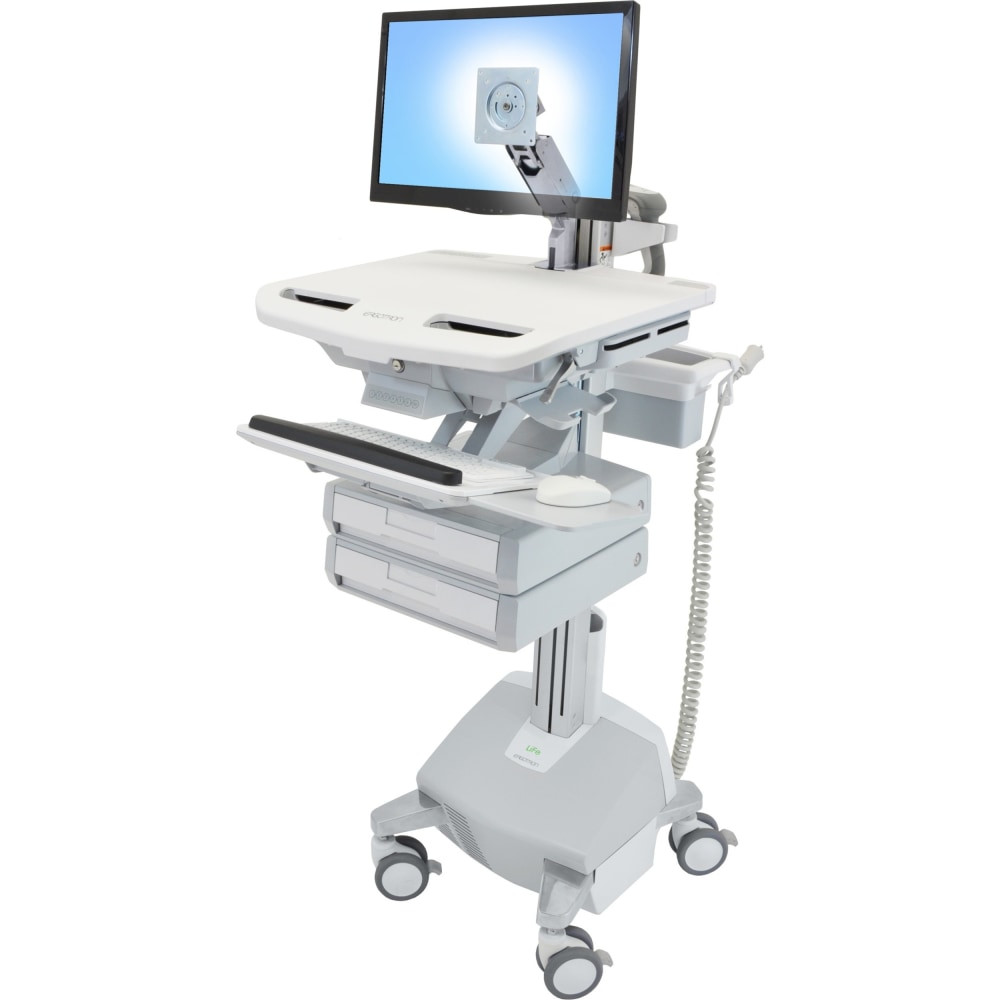 ERGOTRON SV44-1222-1  StyleView Cart with LCD Arm, LiFe Powered, 2 Drawers - 2 Drawer - 35 lb Capacity - 4 Casters - Aluminum, Plastic, Zinc Plated Steel - White, Gray, Polished Aluminum