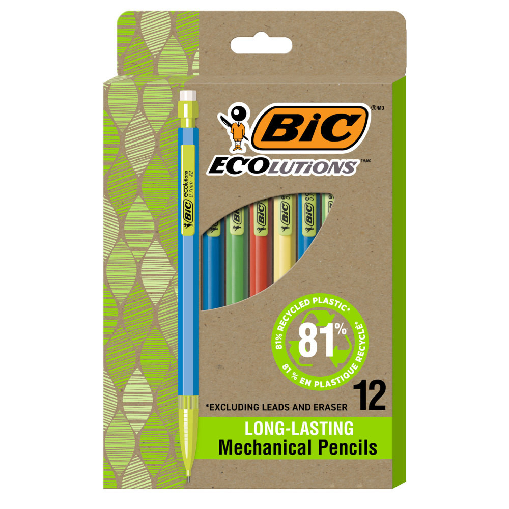 Help write our planet's future with the long-lasting BIC Ecolutions Mechanical Pencils. It's the perfect BIC pencil for everyday writing in journals, notebooks, notepads or for other creative tasks, like doodling. Coming with three 90 mm long lead pencil graphite refills that never need sharpening, this pencil offers hours of effortless writing. Each piece of pencil lead creates smooth dark strokes that are always the same width with its 0.7 mm point so you can shade your doodles evenly with this drawing pencil. A built-in pencil eraser is convenient when you need to make touch-ups - or when you must start over.  0.7 mm lead for long-lasting, smooth writing.  Includes three #2 leads per pencil at 90 mm long.  Click to drop more lead.  Built-in eraser for correcting mistakes.  Clip can attach the pencil to pockets and notebooks.  Refillable for continued use.  Refillable - designed to be used repeatedly, helping you avoid single-use disposables and potentially save money.  Contains Recycled Content - See Specs for Details.