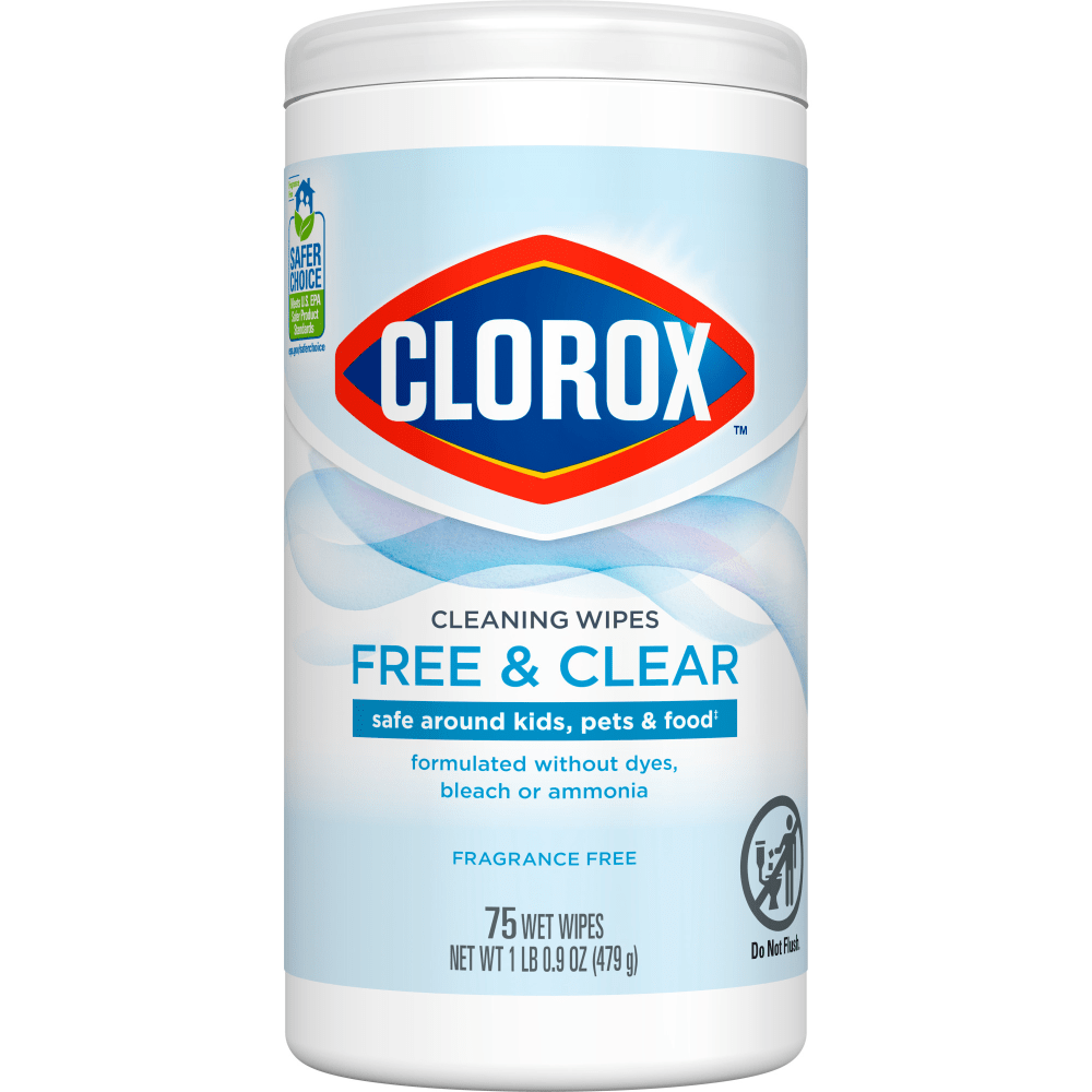 The clear solution for a clean office. Safe around people and food contact surfaces when used as directed, Clorox Free & Clear Wipes are formulated without dyes, bleach or ammonia yet deliver a powerful clean that's gentle on surfaces. These fragrance free Clorox wipes pick up dirt - and compost back into dirt. These wipes are tough on grease and can cut through grime on a variety of hard surfaces like acrylic, sealed fiberglass, sealed granite, finished hardwood and vinyl.  Grab these easy, accessible cleaning wipes for everyday cleanups and tough messes. Do not flush.  FAMILY FRIENDLY: Clorox Free & Clear Wipes are formulated without dyes, bleach or ammonia to get the surface clean you want from the brand you trust  POWERFUL CLEAN: These Clorox wipes are tough on grease and cut through grime on a variety of hard surfaces like acrylic, sealed fiberglass, sealed granite, finished hardwood and vinyl  SAFE AROUND PEOPLE AND FOOD**: The perfect addition to your household cleaning supplies.  GREAT FOR COMMERCIAL USE: Ideal for use in offices, day care centers, schools, hotels, restaurants and other commercial facilities  EPA Safer Choice qualified - meets U.S. EPA safer product standards.  Less harsh chemicals - made with fewer harsh chemicals, or safer chemicals than typical alternatives, helping  reduce your use of and exposure to substances that may be more harmful to your health and the environment.