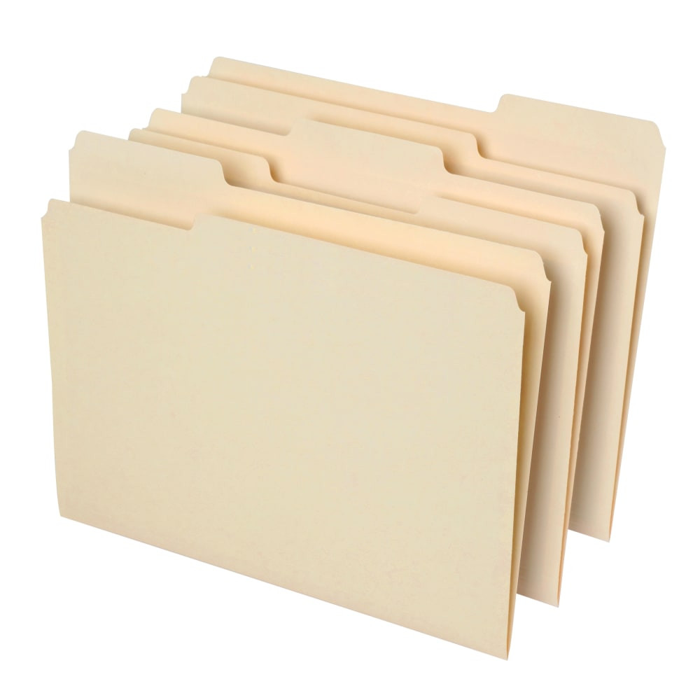 Sort files easily with this pack of 100 Office Depot 1/3-cut tab manila file folders. The manila stock ensures durability, while the 1/3-cut tabs allow for easy labeling. With standard letter-size dimensions, these folders support easy organization in file cabinets. These Office Depot 1/3-cut tab manila file folders is scored for 3/4-inch expansion, which is ideal for holding multiple pages.  A well organized file system helps you get more done and save time.  Manila stock withstands frequent handling.  1/3-cut tabs allow for easy labeling.  Scored for 3/4in expansion to hold multiple pages.  Letter-size folder is ideal for letters or reports.  Manila file folders (letter size) with 1/3-cut tabs make it easy to organize your files.  Office Depot 30% recycled file folders come in a pack of 100.  Eco-conscious choice - letter-size folders have one or more meaningful eco-attributes or eco-labels.  Recycled content - Product contains 30% total recycled content, including 30% postconsumer content, helping you save resources and reduce waste.  Contains Recycled Content - See Specs for Details.