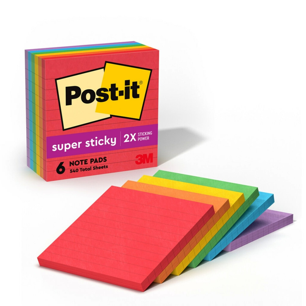 Whether jotting down your daily to-dos, brainstorming big ideas, studying or setting reminders, colors and ideas are always brighter together. These sticky notes feature 2X the sticking power. They also stick and re-stick - allowing you to move your notes with you throughout your day. They"re ideal for walls, doors, windows and other vertical surfaces, and like all Post-it Notes, they stick securely yet remove cleanly without damage. Keep your ideas across your notebooks, classroom books, calendars or other documents. No tape or tacks are needed with adhesive notes, saving you money and time on office products or school supplies. A great memo pad, these are ideal for using for notes or reminders to yourself or others. Post-it Super Sticky Notes are the perfect solution for shopping lists, reminders, notes on computer screens, time tracking, to-do lists, marking cables, color-coding documents, reminding kids to do chores, storyboarding, scratch paper and agile processing.  EXPERIENCE THE POWER OF 2X STICKINESS: Post-it Super Sticky Notes offer twice the sticking power of basic sticky notes, ensuring they stay put and wonT fall off  STICK AND RESTICK ANYWHERE: These notes adhere firmly to walls, windows, doors, and other vertical surfaces, allowing you to move your reminders with ease  VERSATILE AND ESSENTIAL: Post-it Super Sticky Notes are the perfect solution for shopping lists, reminders, to-do lists, color-coding, labeling, family chore reminders, brainstorming, storyboarding, and quick notes  VARIOUS SIZES AND SHAPES: Available in different sizes, with or without lines, to cater to your specific needs  EYE-CATCHING COLORS: Vibrant and colorful reminders are more likely to grab attention and be noticed  EXPLORE OUR COLLECTIONS: With 11 color collections, the Post-it Brand offers a wide range of options to suit every style and preference, whether at home, in school, or at the office  ENHANCE YOUR NOTE-TAKING EXPERIENCE: Download the free Post-it App on your smartphone or tablet to enjoy the simplicity and convenience of Post-it Notes anytime and anywhere  GET ORGANIZED: Each pack includes 6 lined sticky note pads of 4 in. x 4 in. notes, with 90 sheets per pad, great for your office, work area, or classroom  INTRODUCING THE PLAYFUL PRIMARIES COLLECTION: Add joy to the day alongside celebrated rainbow hues from the Playful Primaries collection including Candy Apple Red, Vital Orange, Sunnyside, Lucky Green, Blue Paradise and Iris Infusion  TRUST THE ORIGINAL CREATOR: Made in the USA with globally sourced materials, the one and only Post-it Note was invented over 40 years ago by the Post-it Brand  SUSTAINABILITY: Post-it Super Sticky Notes can be recycled