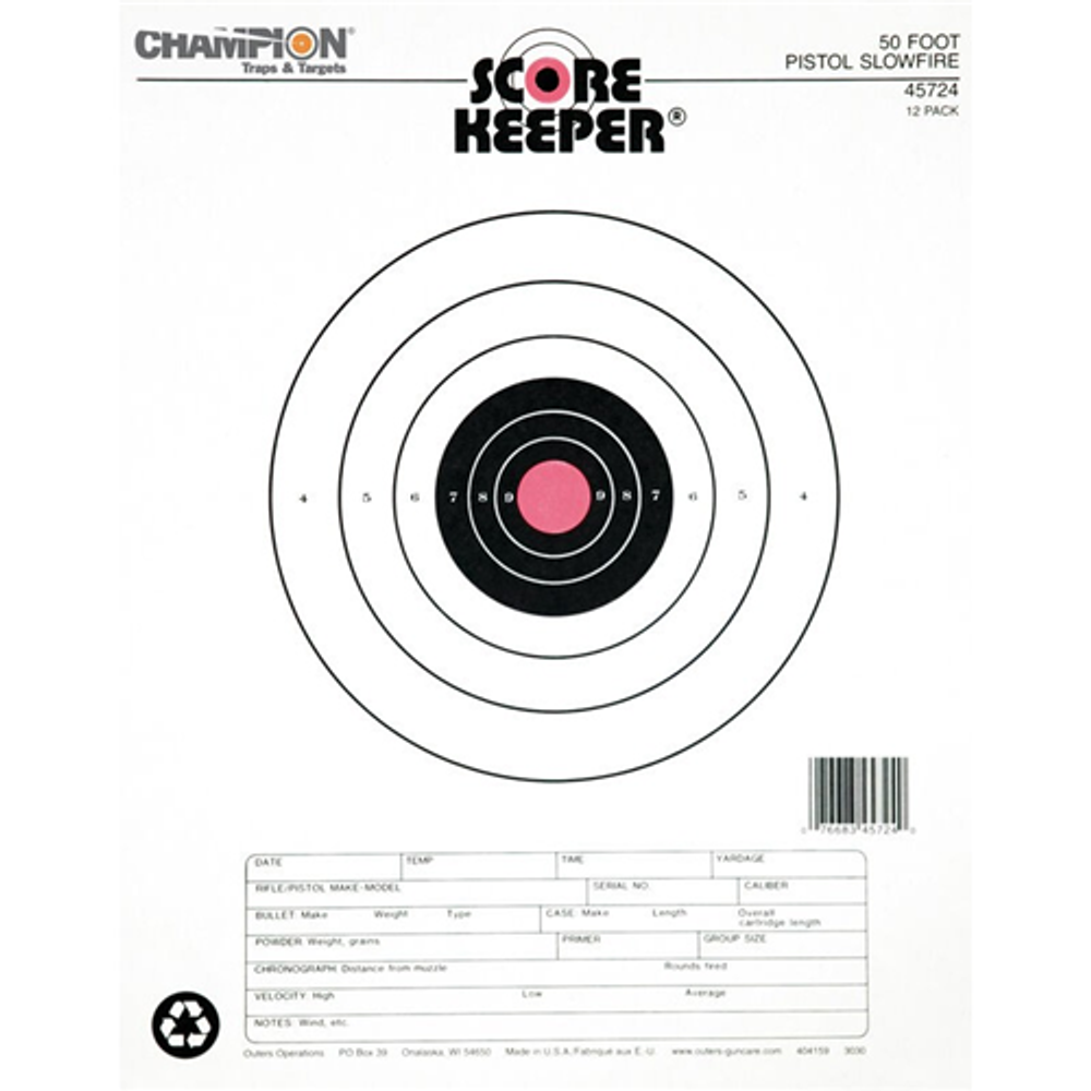 Champion Targets 45724 Champion Targets 45724 Score Keeper Fluorescent Orange & Black Bullseye Target, 50 Foot Pistol Slow Fire, 12 Pack