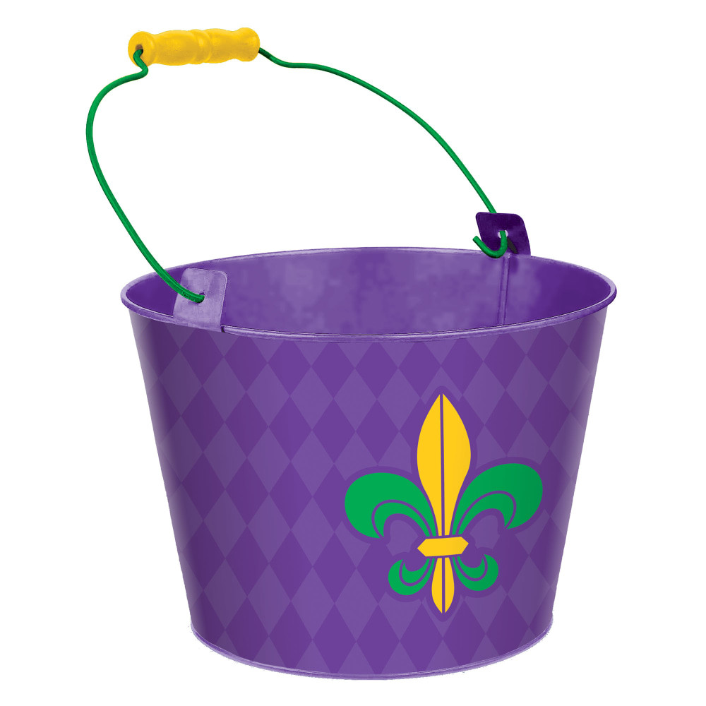 AMSCAN 431041  Mardi Gras Fleur de Lis Metal Buckets, 7-1/4inH x 7inW x 7inD, Purple, Pack Of 2 Buckets