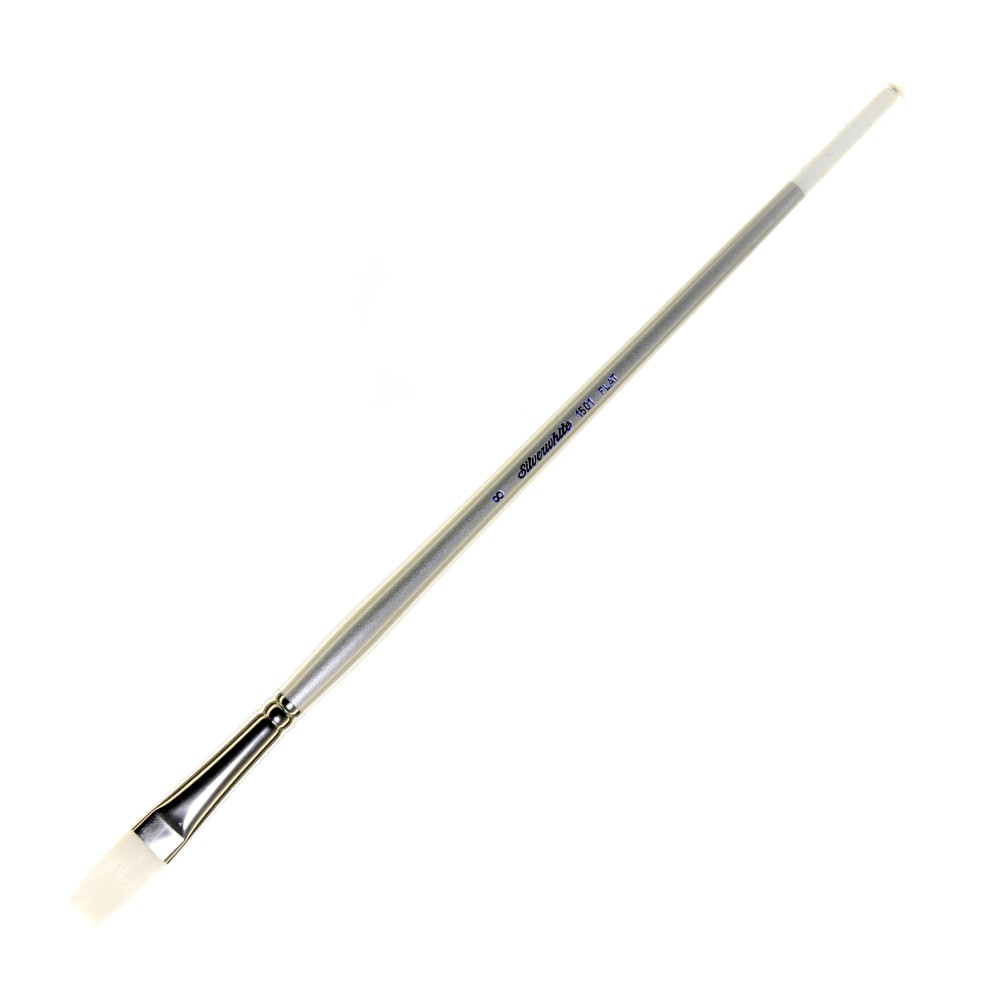 SILVER BRUSH LIMITED 1501LH-8 Silver Brush Silverwhite Series Long-Handle Paint Brush, Size 8, Flat Bristle, Synthetic, Silver/White