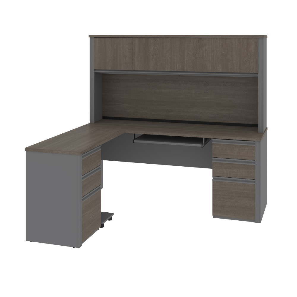 BESTAR INC. 99852-000047 Bestar Prestige + 72inW Modern L-Shaped Corner Desk With 2 Pedestals And Hutch, Bark Gray/Slate