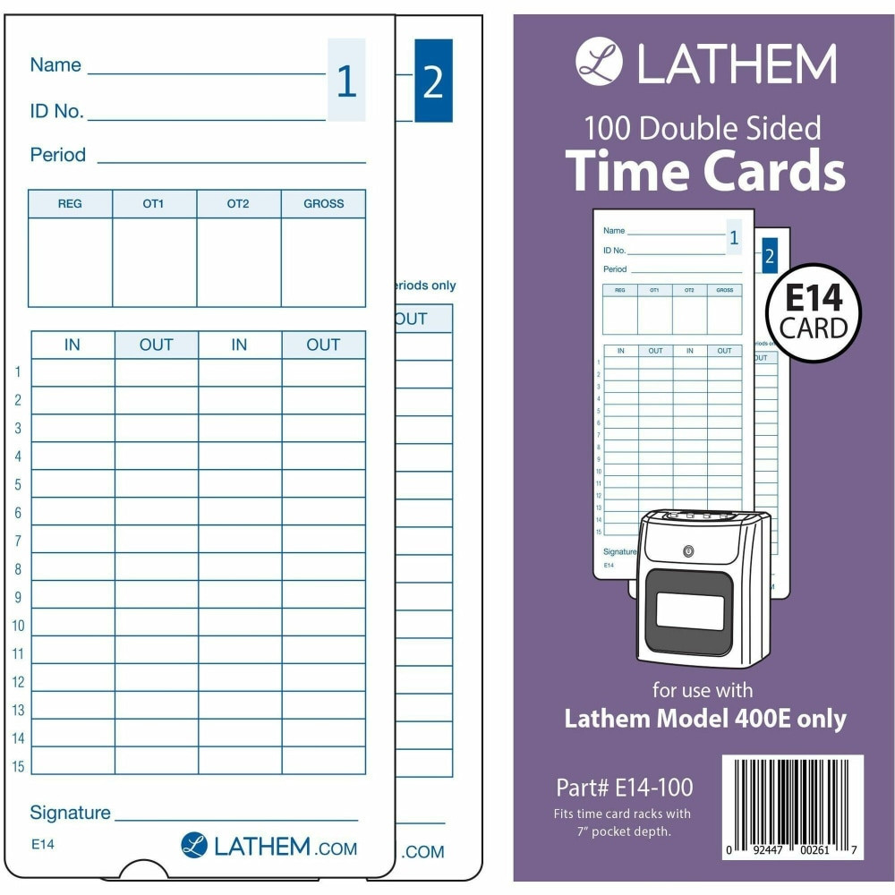 LATHEM TIME CORPORATION E14100 Lathem Model 400E Double Sided Time Cards - Double Sided Sheet - Blue Print Color - 100 / Pack