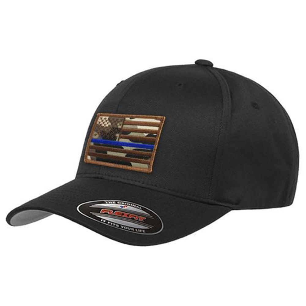 Thin Blue Line FLEX-CAMO-AF-BLACK-LARGE FlexFit Hat - Camo Thin Blue Line American Flag