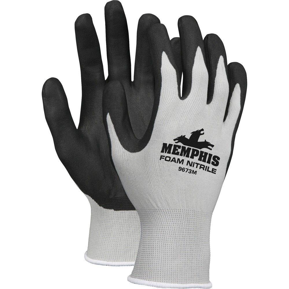 CREWS INC. Memphis 9673M  Shell Lined Protective Gloves - Medium Size - Nylon, Foam Palm, Nitrile Palm - Gray, Black, White - Knit Wrist, Knitted Cuff, Comfortable - For Material Handling, Assembling, Farming, Construction, Landscape, Plumbing, Shipp