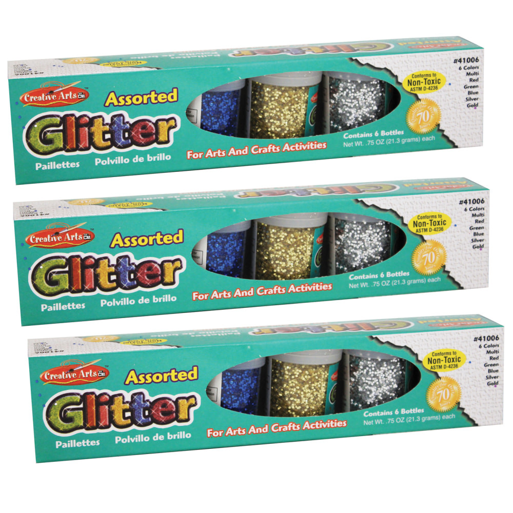 EDUCATORS RESOURCE Charles Leonard CHL41006-3  Creative Arts Glitter Sets, Assorted Colors, 0.75 Oz, 6 Containers Per Pack, Set Of 3 Packs