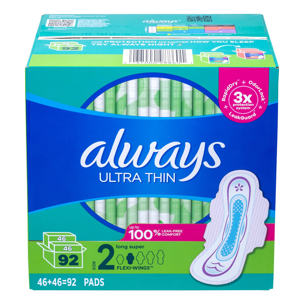 Stay comfortable all day while wearing Always Ultra Thin Long Super Pads. The LeakGuard Core absorbs in seconds for up to 10 hours of dry protection.  Get up to 100% leak-free comfort.  RapidDRY absorbs quickly.  LeakGuard Core offers up to 10 hours of protection.  Flexible fit moves with you.  Wings offer a secure hold.