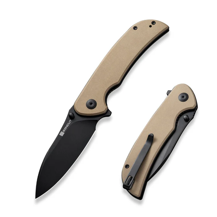 SENCUT S23077-2 Borzam Flipper/Thumb Stud Folding Knife 3.46"" Black 9Cr18MoV Drop Point Plain Edge Blade, Tan G10 Handle