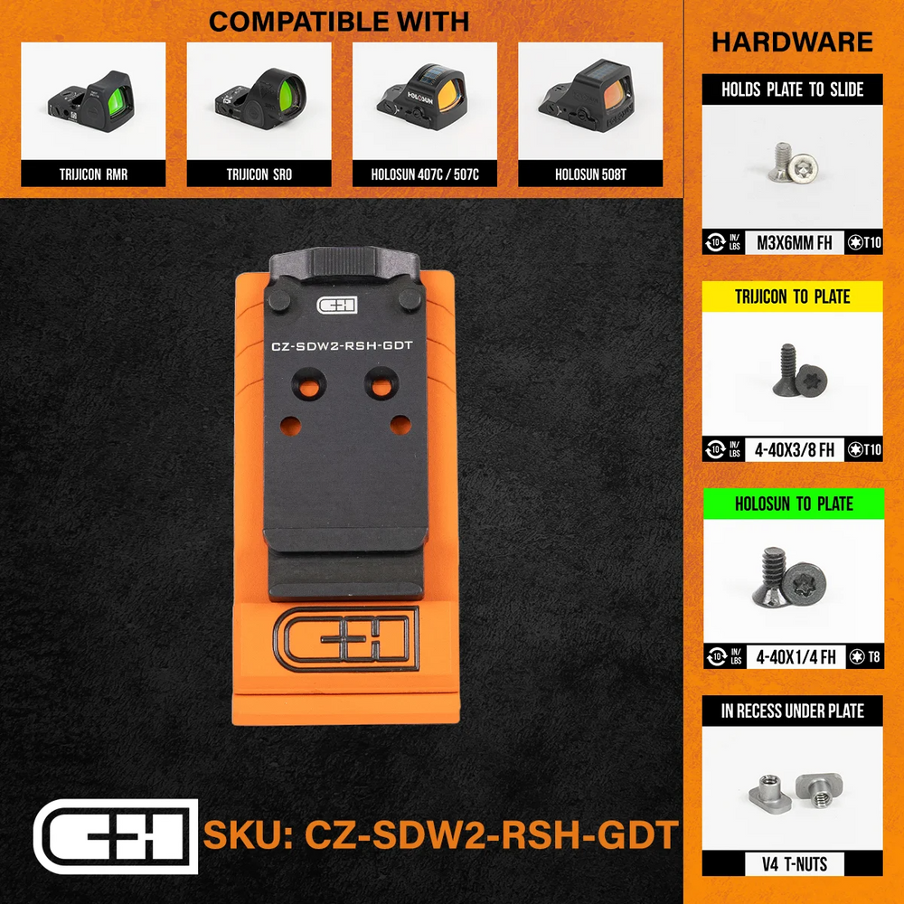 C&H Precision CZ-SDW2-RSH-GDT Optics Adapter Plate - CZ Shadow 2 Optics Ready V4 MIL/LEO to CZ-Shadow 2 Optics Ready