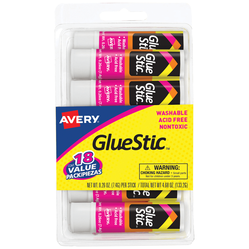 AVERY PRODUCTS CORPORATION Avery 98089  Permanent Glue Stic Value Pack, White, 0.26 oz., Pack Of 18 Sticks