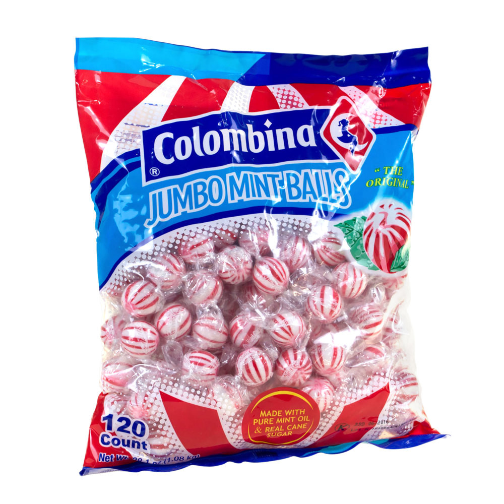 Give your dessert buffets and party tables a pop of color with these jumbo beach ball-shaped candies  Enjoy a great mint taste in a fun and surprisingly large sphere-shaped treat. Each piece is approximately 1in.  A bag of 120 pieces means all of your guests can indulge.  Jumbo peppermint-flavored balls feature lovely red and white swirls.