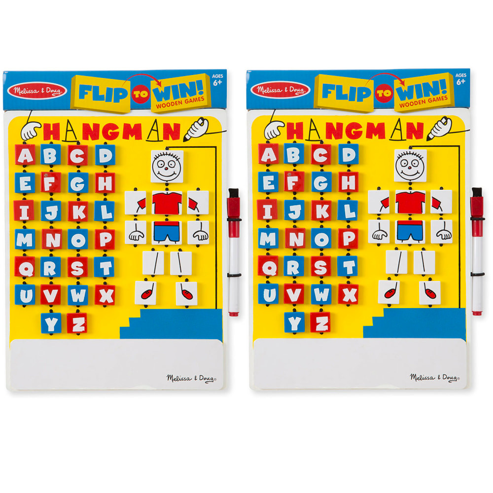 Play on the go with this Melissa & Doug Flip-to-Win Hangman Travel Game. This game helps children become comfortable with spelling.  Each game includes a wooden frame with 37 flaps, erasable whiteboard and self-storing dry-erase marker.  No loose pieces for easy travel.  Bungee-hinge design is durable and easy to use.  Sold as 2 complete, identical games.
