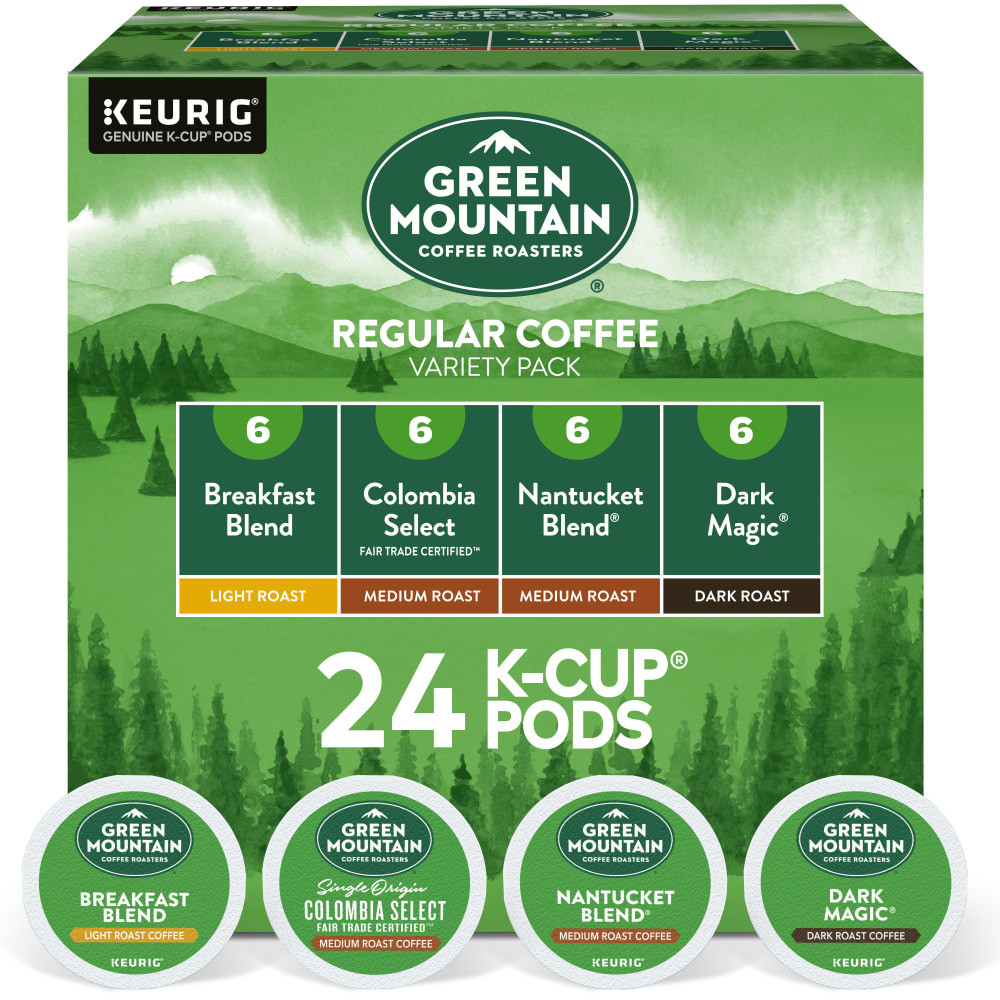 Try out some Green Mountain Coffee flavors. This variety pack features an array of coffee blends, so you can find your new favorite.  Each K-Cup Pod has a built-in coffee filter - no measuring and no mess.  Coffee K-Cups for Keurig brewers  Light, medium, dark roast coffee with Variety Pack flavors  Includes the following K-Cup pods:• Green Mountain Coffee Roasters Breakfast Blend (light roast)• (6) Green Mountain Coffee Roasters Columbia Select (medium roast)• (6) Green Mountain Coffee Roasters Nantucket Blend (medium roast)• (6) Green Mountain Coffee Roasters Dark Magic (dark roast)  Made with 100% Arabica coffee  Caffeinated  100% Arabica coffee  Certified Orthodox Union Kosher