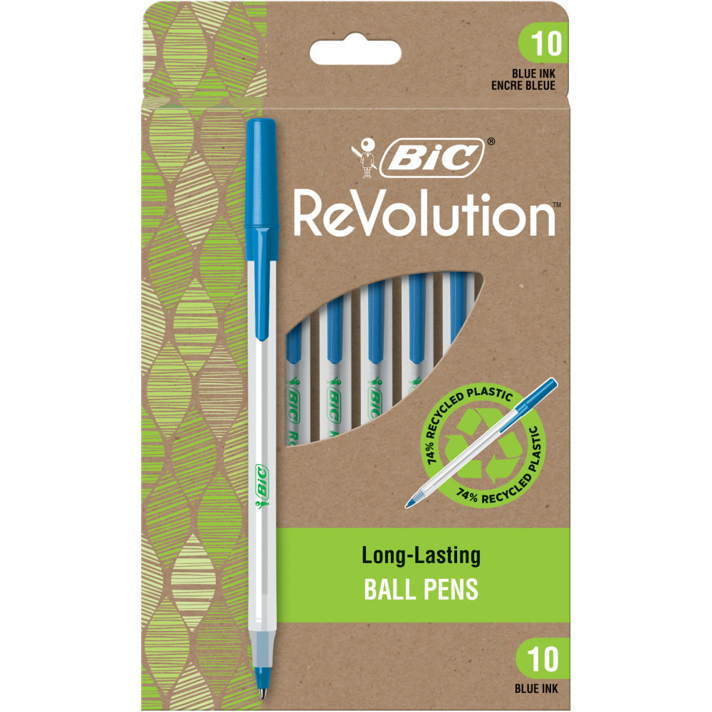 BIC CORP BIC GSME10-BLU  ReVolution Round Stic Pens, Medium Point, 1.0 mm, 74% Recycled, Semi-Clear Barrel, Blue Ink, Pack Of 10 Pens