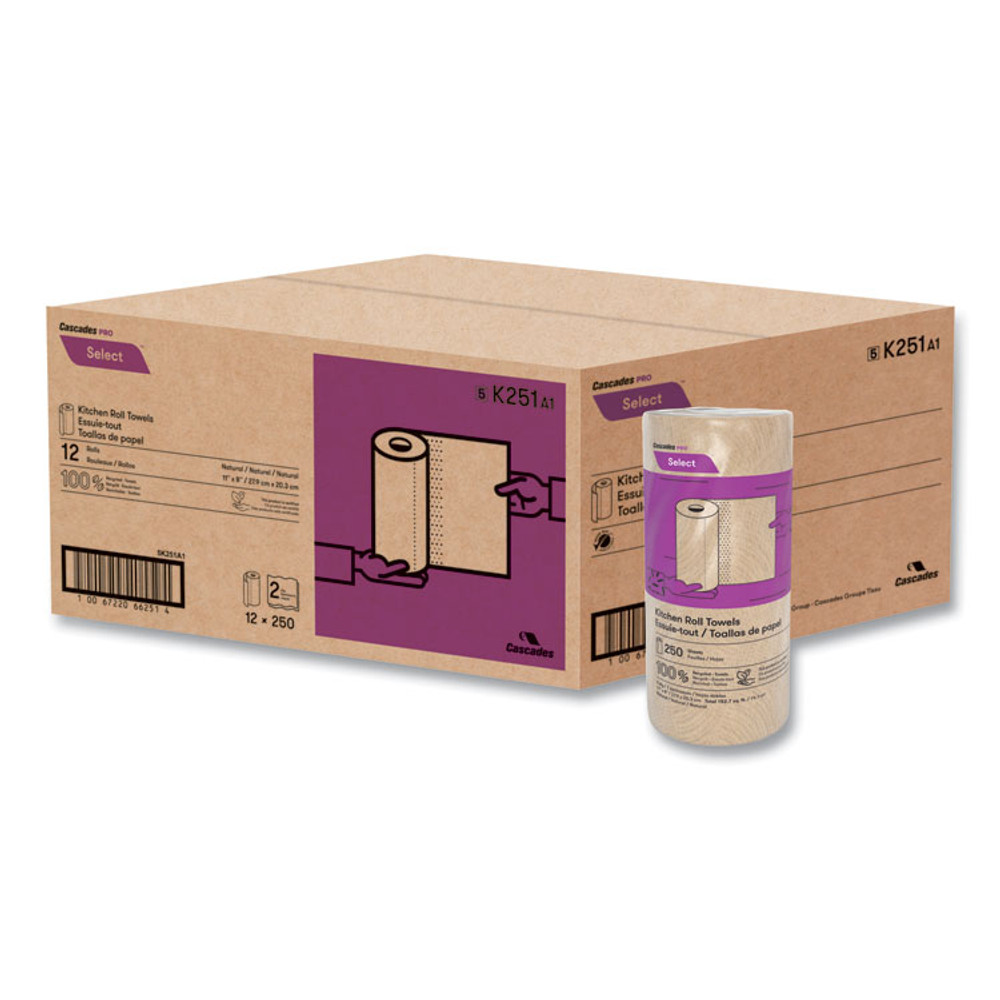 CASCADES TISSUE GROUP PRO K251 Select Kitchen Roll Towels, 2-Ply, 11" x 166.6 ft, Natural, 250/Roll, 12/Carton