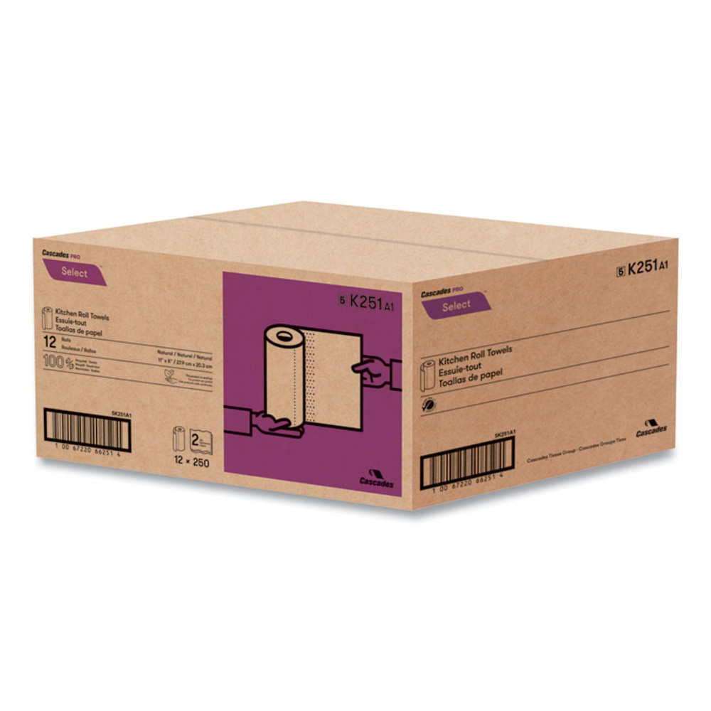 CASCADES TISSUE GROUP PRO K251 Select Kitchen Roll Towels, 2-Ply, 11" x 166.6 ft, Natural, 250/Roll, 12/Carton