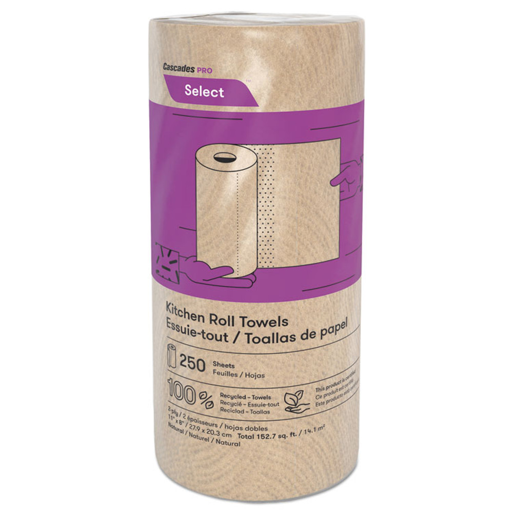 CASCADES TISSUE GROUP PRO K251 Select Kitchen Roll Towels, 2-Ply, 11" x 166.6 ft, Natural, 250/Roll, 12/Carton