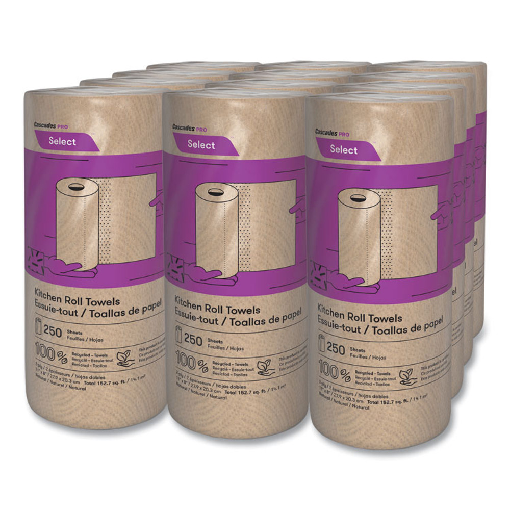 CASCADES TISSUE GROUP PRO K251 Select Kitchen Roll Towels, 2-Ply, 11" x 166.6 ft, Natural, 250/Roll, 12/Carton