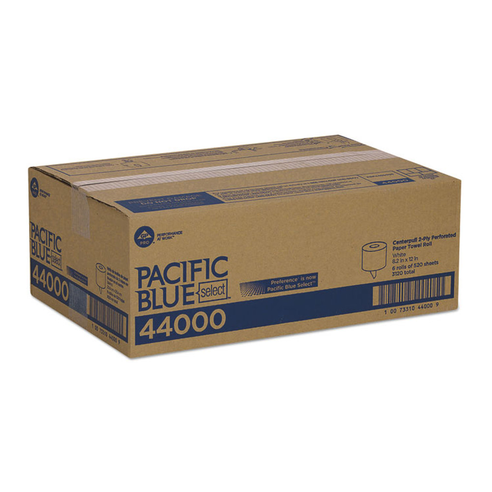 GEORGIA PACIFIC Professional 44000 Pacific Blue Select 2-Ply Center-Pull Perf Wipers, 2-Ply, 8.25 x 12, White, 520/Roll, 6 Rolls/Carton