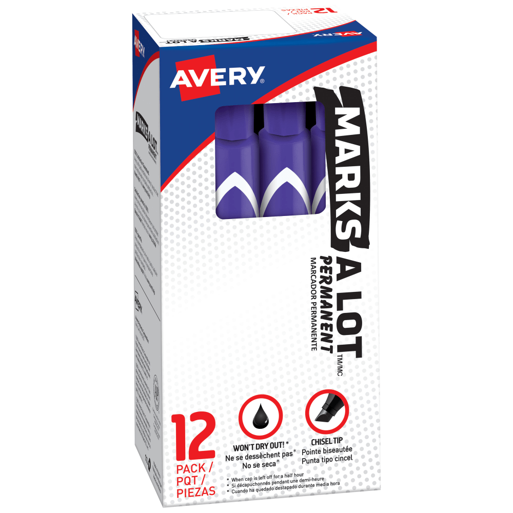 AVERY PRODUCTS CORPORATION 08884 Avery Marks-A-Lot Permanent Markers, Chisel Tip, Purple, Pack Of 12 Markers