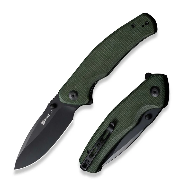 SENCUT S20066-3 Slashkin Flipper/Thumb Stud Folding Knife 3.48"" Black D2 Drop Point Plain Edge Blade, Green Canvas Micarta Handle