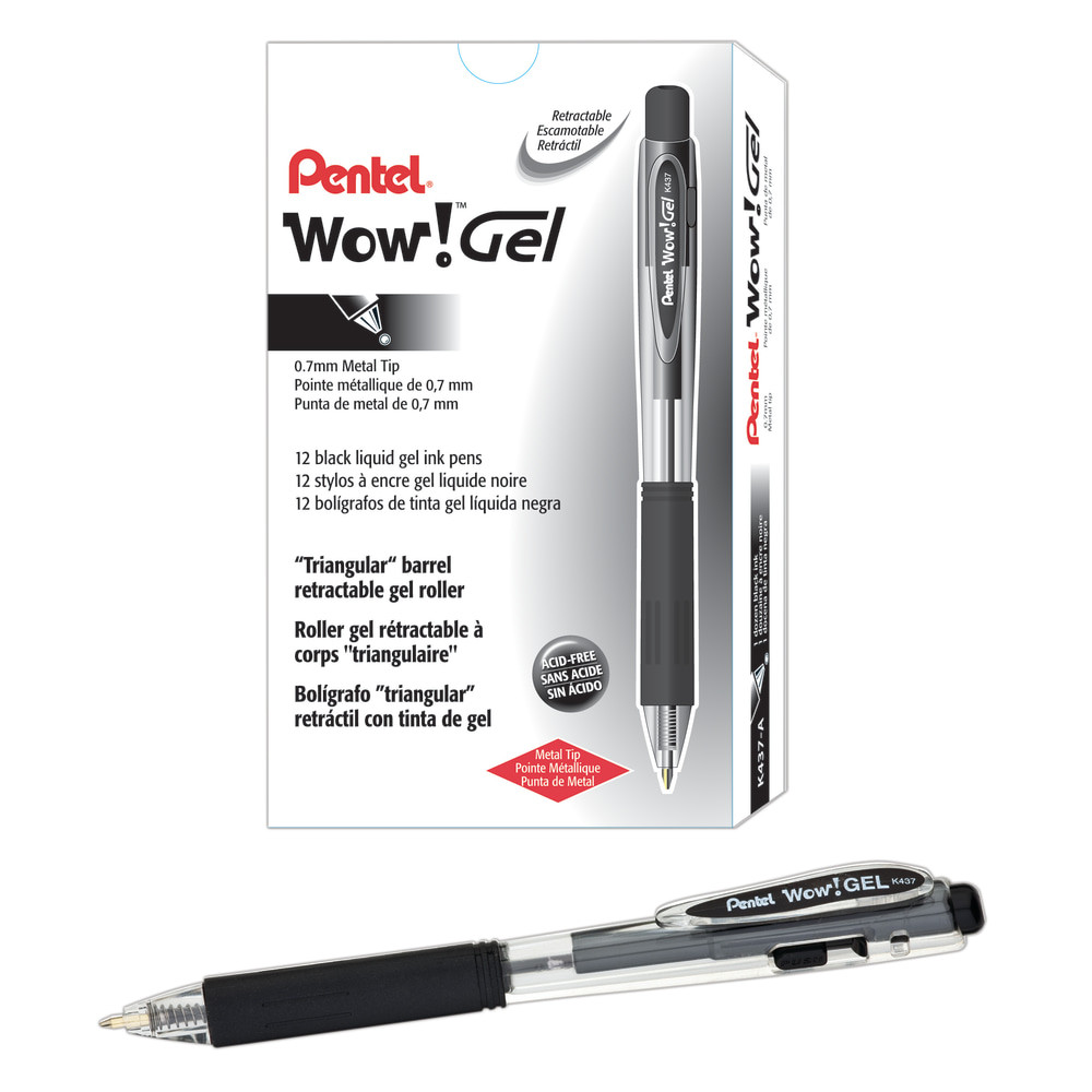 PENTEL OF AMERICA, LTD. K437-A Pentel Wow! Retractable Gel Roller Pens, Medium Point, 0.7 mm, Clear Barrel, Black Ink, Pack Of 12