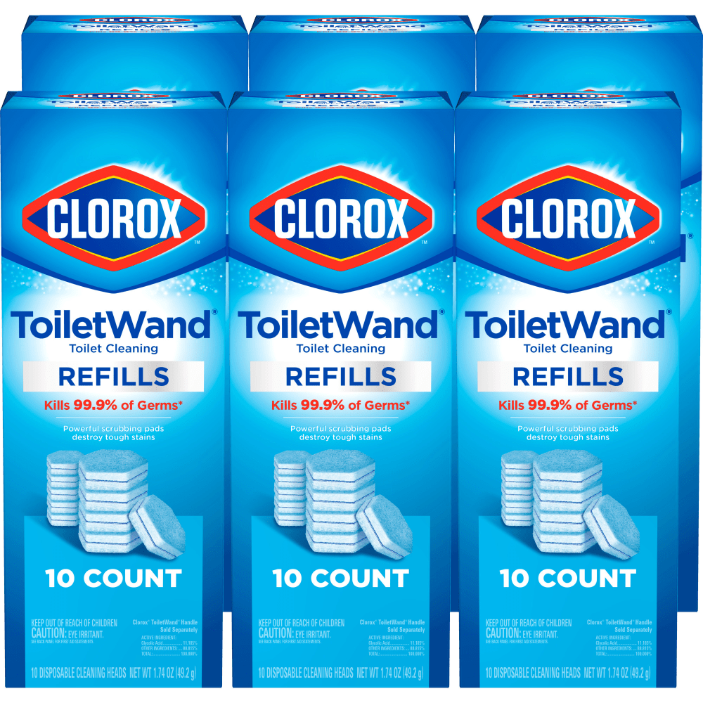 Get a clean start every time with Clorox ToiletWand Toilet Cleaning Refills. Each disposable scrubbing pad is preloaded with Clorox Cleaner that kills 99.9% of germs*. Scrubbing pads power through hard water and lime stains 2X faster than when using a toilet brush with manual toilet bowl cleaner. Designed for optimal reach, hexagonal shaped scrubbing pads conform to hard to reach areas like under the rim - no more bending and stretching. The fresh scent neutralizes odors without the bleach smell. Use this non abrasive formula to sanitize a variety of surfaces, including porcelain, chrome, enamel and synthetic marble. Never touch an icky toilet brush again: disposable scrubbing pads conveniently pop off into the trash so you can toss the mess every time. *When used as directed.  TOILET BOWL CLEANER: Clean and disinfect with Clorox ToiletWand Toilet Cleaning Refills that kill 99.9% of germs while leaving your toilet sparkling clean, pack may vary  PRELOADED WITH CLEANER: Replaces your liquid cleaner AND your brush; disposable scrubbing pads are preloaded with cleaner that kills 99.9% of germs* to make toilet cleaning fast and easy  ELIMINATE HARD WATER AND LIME STAINS: Powerful cleaning solution eliminates hard water and lime stains 2X faster than using a toilet brush with manual toilet bowl cleaner  DISPOSABLE SCRUBBING PADS: Never touch an icky toilet brush again with disposable scrubbing pads that conveniently pop off into the trash so you can toss the mess every time  GREAT FOR COMMERCIAL USE: Ideal for use in offices, day care centers, schools, hotels, restaurants and other commercial facilities