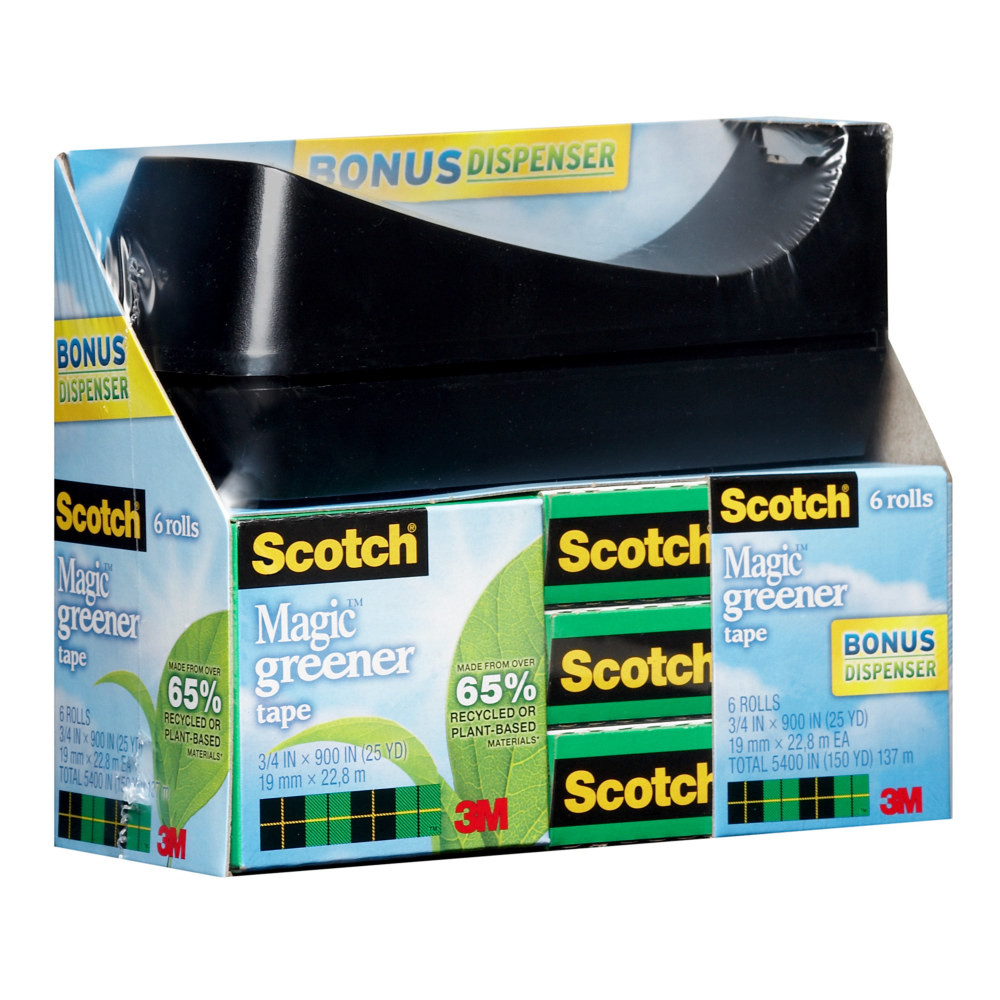 3M CO Scotch 812-6-P36  Greener Magic Tape with Dispenser, Invisible, 3/4 in x 900 in, 6 Tape Rolls, Clear, Home Office and School Supplies