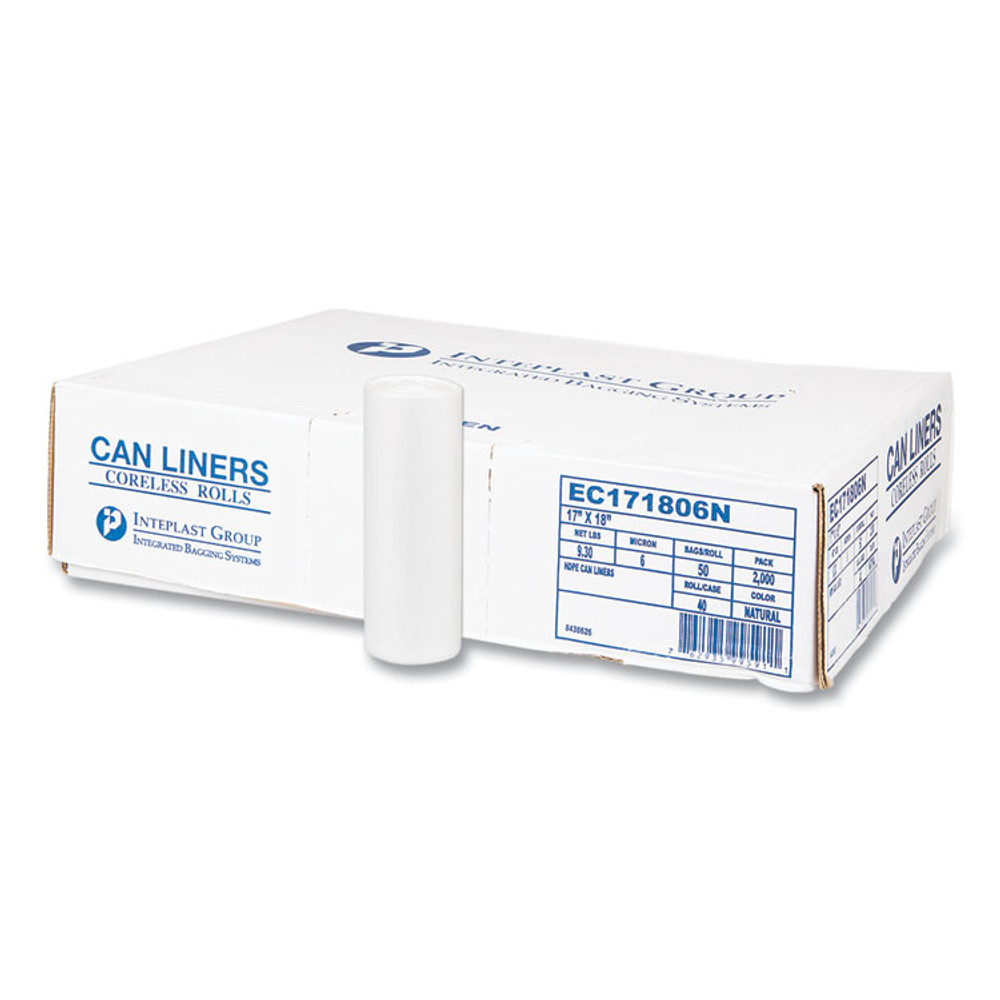 INTEGRATED BAGGING SYSTEMS Inteplast Group EC171806N High-Density Commercial Can Liners, 4 gal, 6 mic, 17" x 18", Clear, Perforated Roll, 50 Bags/Roll, 40 Rolls/Carton