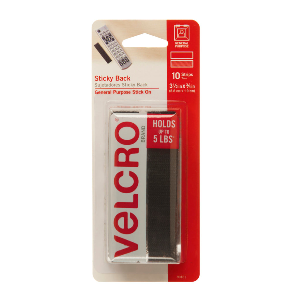 VELCRO USA INC 90161 Velcro Sticky-Back Strips, 3/4inx3-1/2in Black 10/pk