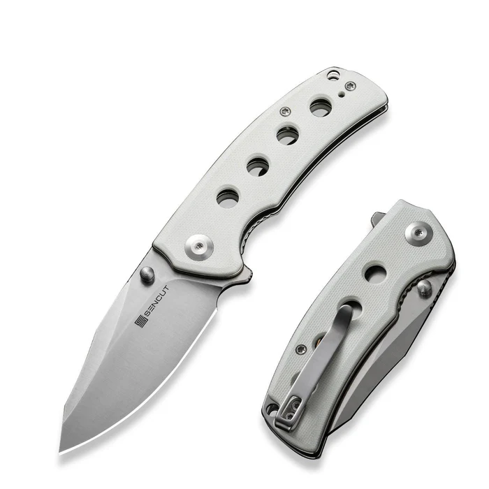 SENCUT S23068-2 Excalis Flipper/Thumb Stud Folding Knife 2.97"" Satin 9Cr18MoV Reverse Tanto Plain Edge Blade, White G10 Handle