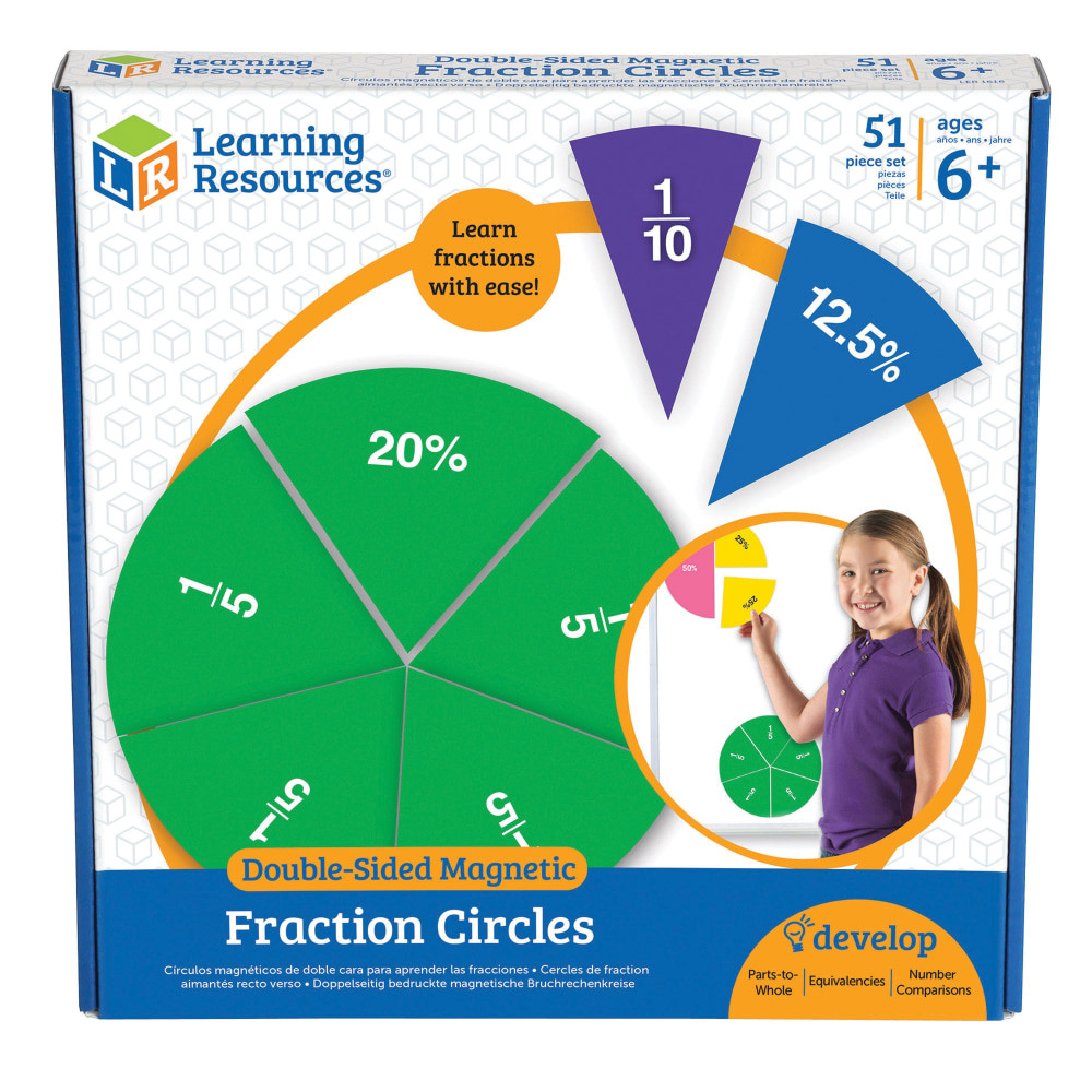 Demonstrate fractions, percentages and equivalencies on your whiteboard.  Helps students understand relationships between concepts of fractions and percentages -- labeled with fractions on one side and percentages on reverse.  Extends learning through color-coded coordination to Rainbow Fraction resources.  Supports key NTCM Standards.  Includes 9 circles, each measuring 7.5in, includes whole, 1/4, 1/2, 1/3, 1/4, 1/5, 1/6, 1/8, 1/10 and 1/12. Includes Activity Guide.  Grades 1+.