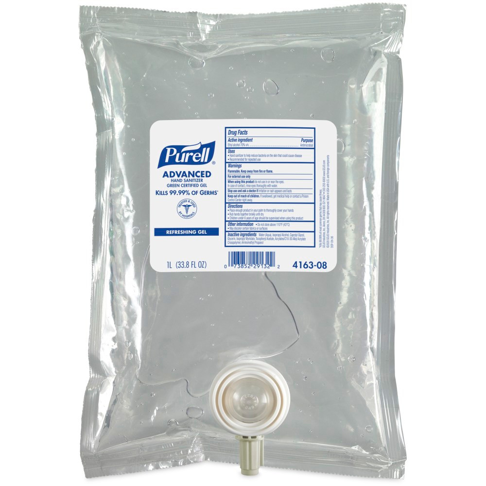 GOJO INDUSTRIES INC 4163-08 Purell Advanced Hand Sanitizer Green Certified Gel Refills, 1000 mL, Pack Of 8 Refills