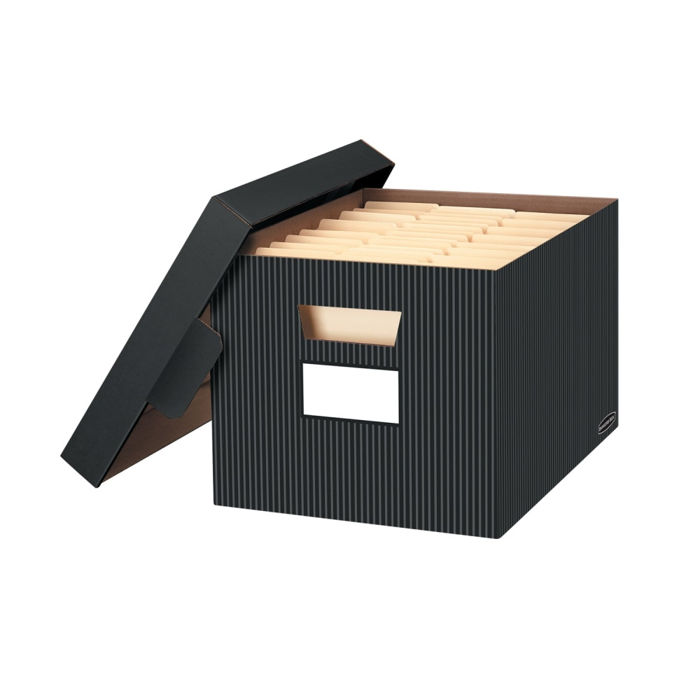 FELLOWES INC. 0029803 Bankers Box Stor/File Decorative Standard-Duty Storage Boxes With Lift-Off Lids, Letter/Legal Size, 15in x 12in x 10in, 60% Recycled, Black/White Pinstripe, Case Of 4