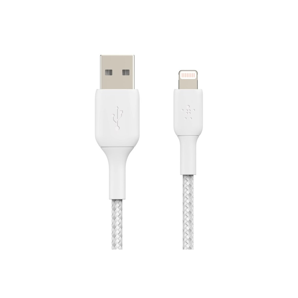 Power your favorite Apple devices and transfer data from one device to another with a Belkin Lightning-To-USB-A Braided Cable. The durable, braided nylon design can withstand up to 10,000 bends for long-lasting use.  Compatible with Apple devices that have a Lightning port.  Braided nylon exterior construction can withstand up to 10,000 bends and adds a premium appearance.  Charge and sync Apple devices.  MFi-Certified by Apple for safe and reliable operation with iOS devices.  Backed by the manufacturer's 2-year limited warranty.