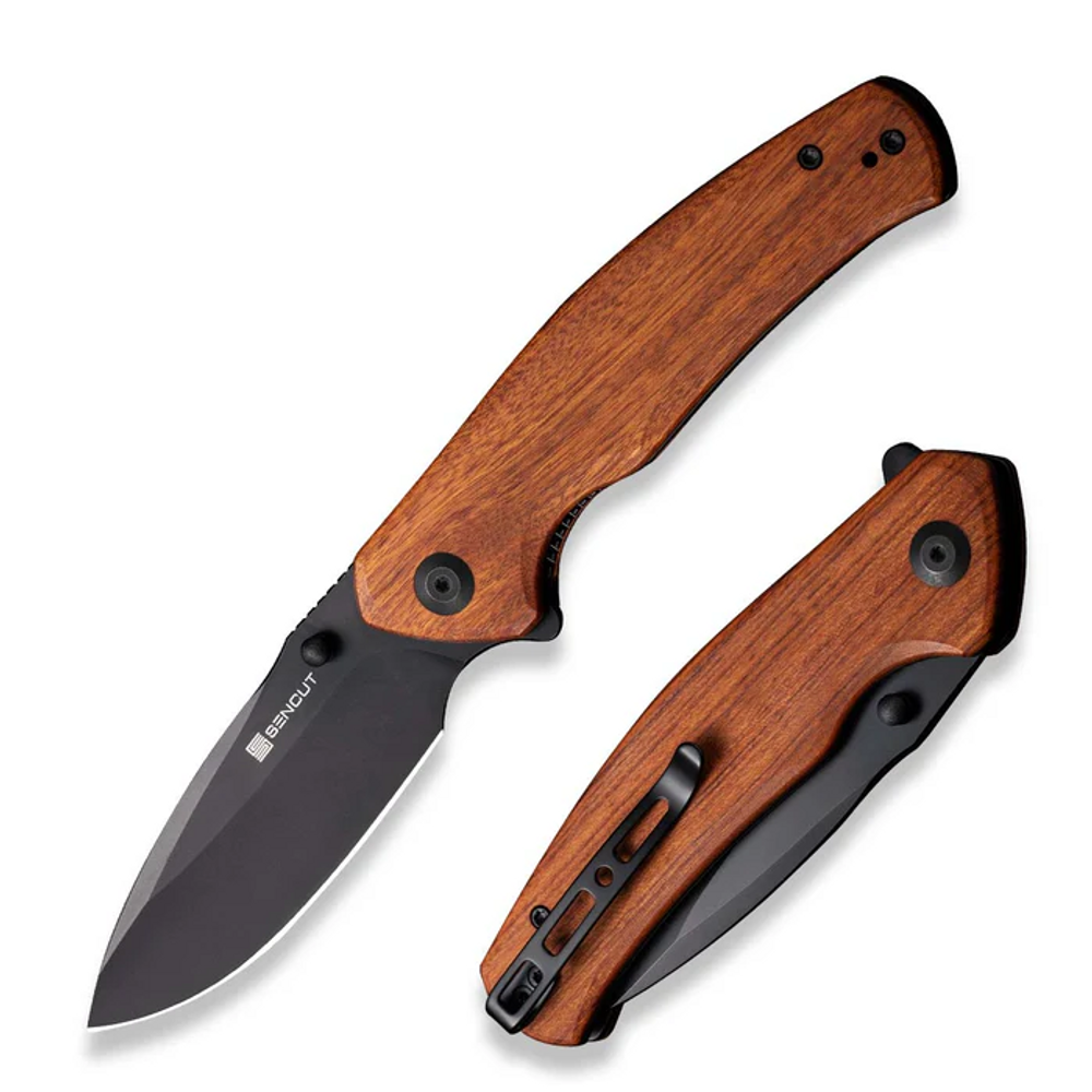 SENCUT S20066-4 Slashkin Flipper/Thumb Stud Folding Knife 3.48"" Black D2 Drop Point Plain Edge Blade, Guibourtia Wood Handle